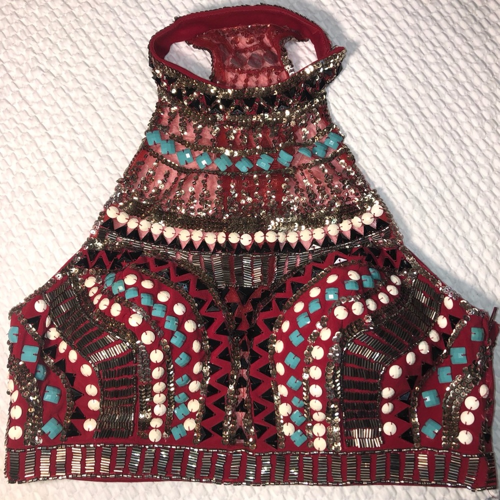 Rachel Allan Red Embellished Halter Crop Top with Turquoise Accents